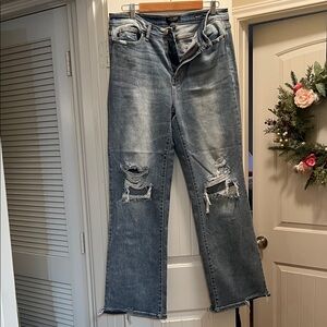Judy Blue Distressed Straight Leg Jeans - Classic Blue